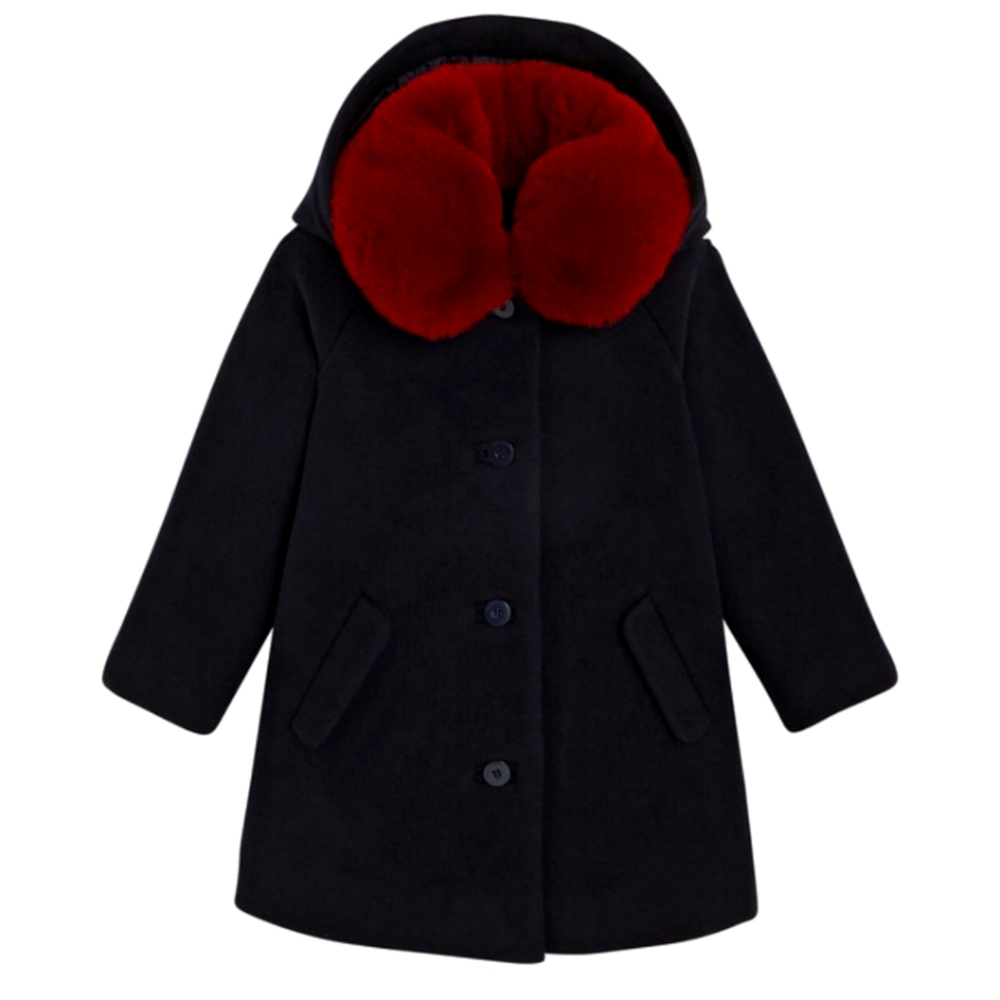 Jacadi Faux Fur Collar Coat, Navy Blue